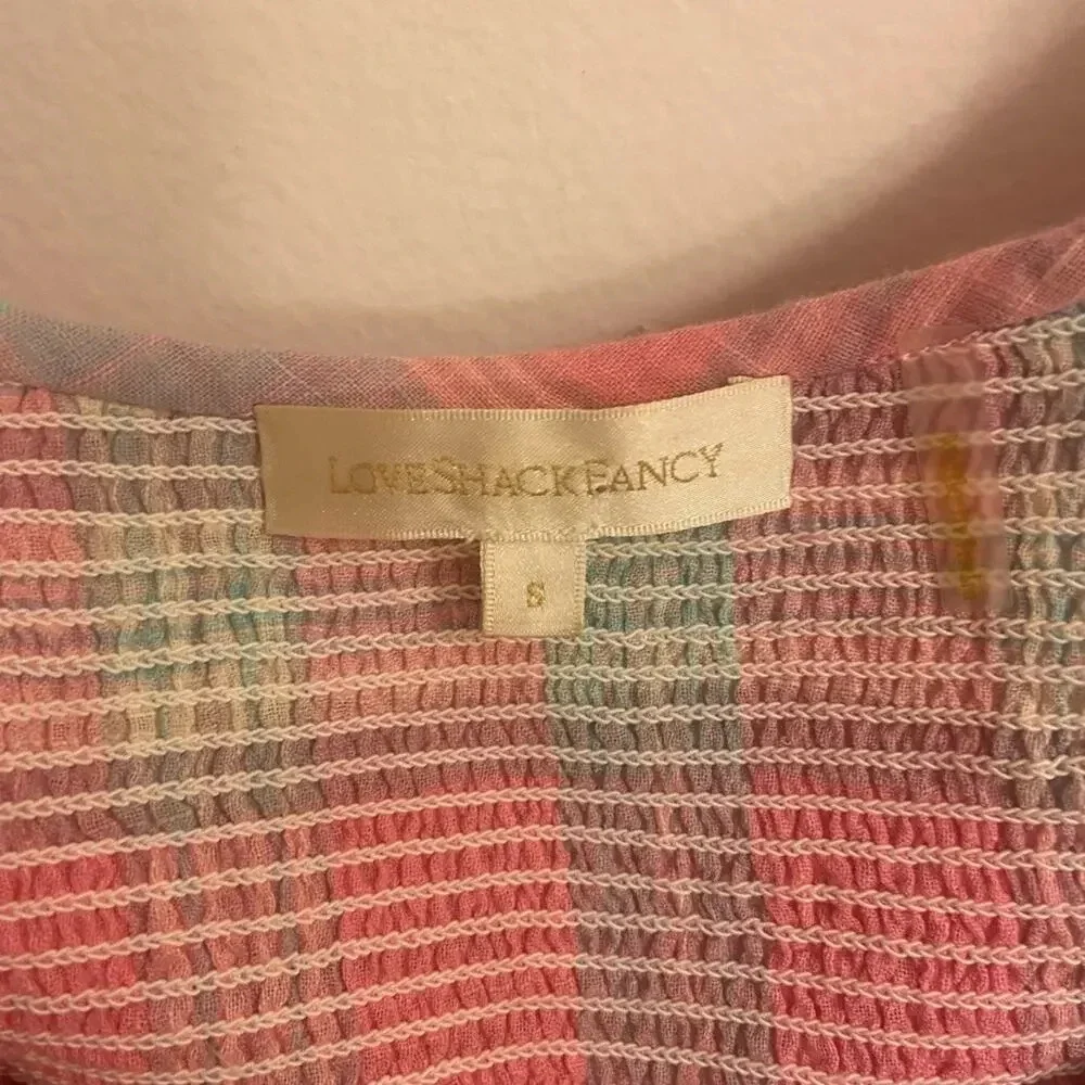 LoveShackFancy Molly Puff Sleeve Smocked Top Pink Plaid Size Small